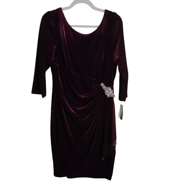 Alex Evenings NWT Wine Velvet Ruched Beaded 3/4 Sleeve Cocktail Dress Size 14 - Picture 2 of 10